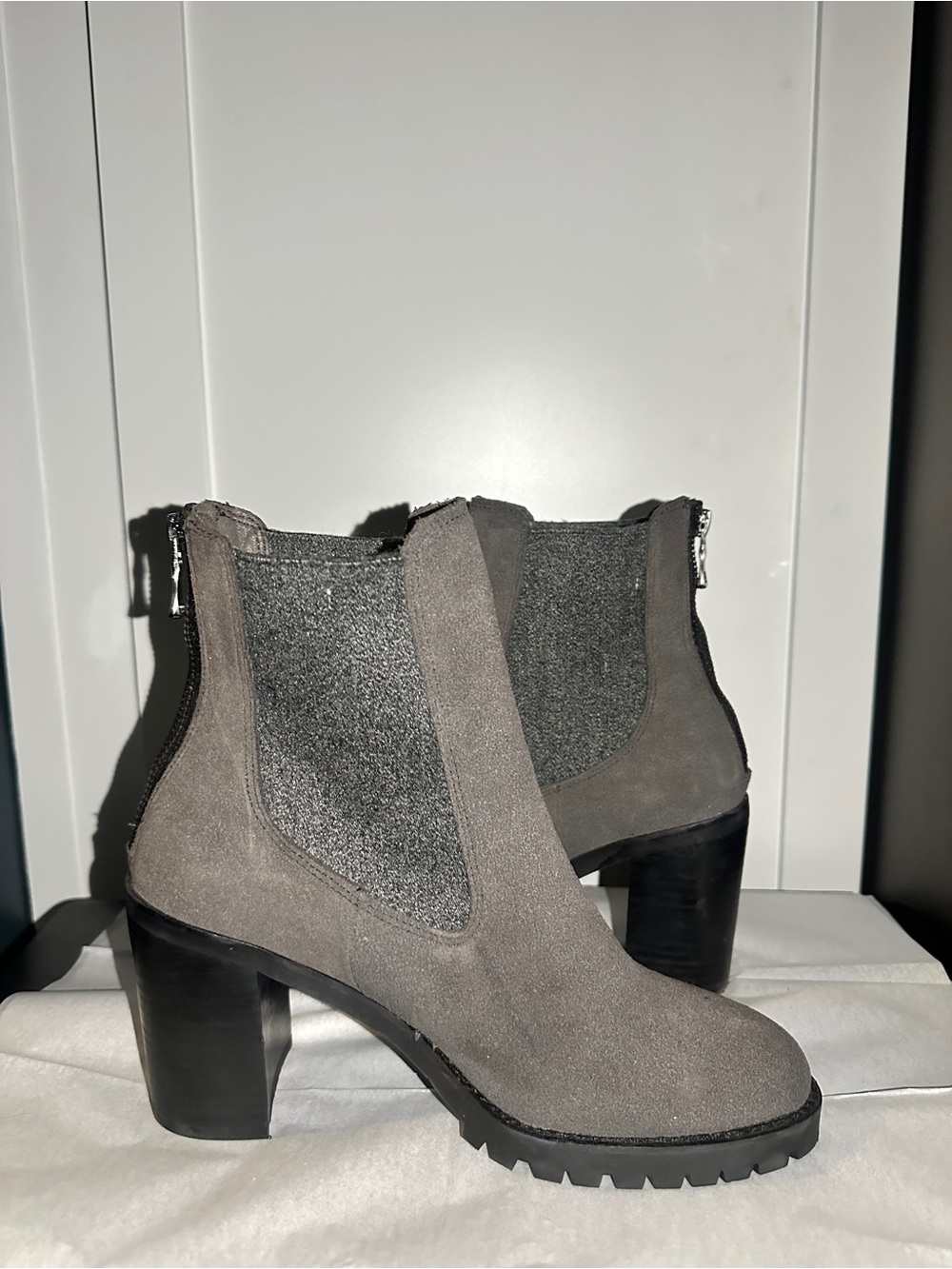 Chinese Laundry Gray Suede Block Heel Chelsea Booties